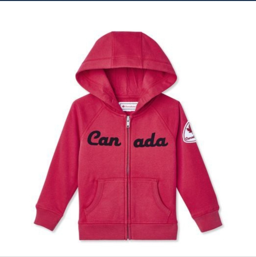Kids Red Canadiana zip Hoodie Canada Embroidery